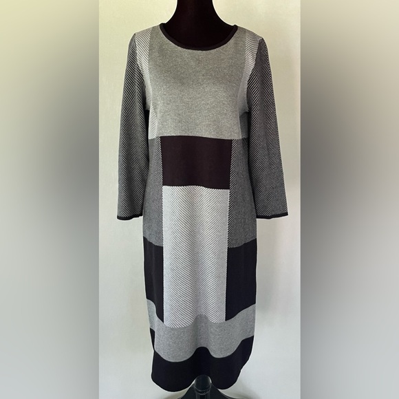 Anne Klein Black Gray Midi Sweater Dress 39” Long Size S Classic Neutral Career - Picture 1 of 11